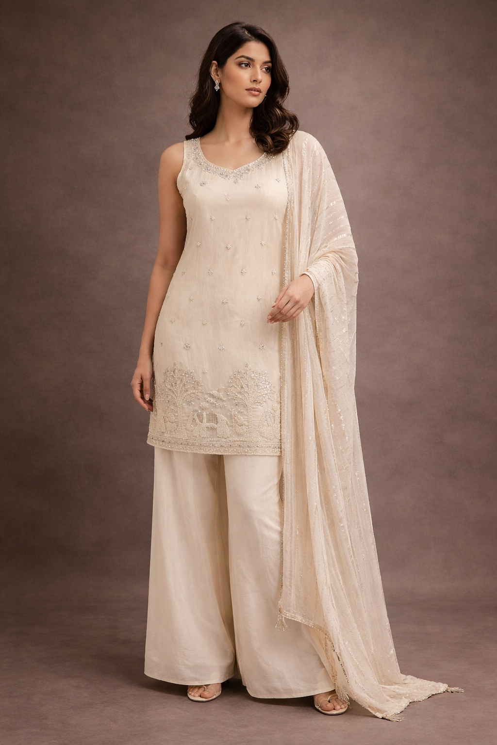 Elegant Ivory Embroidered Silk Kurta Palazzo Set with Dupatta for Women
